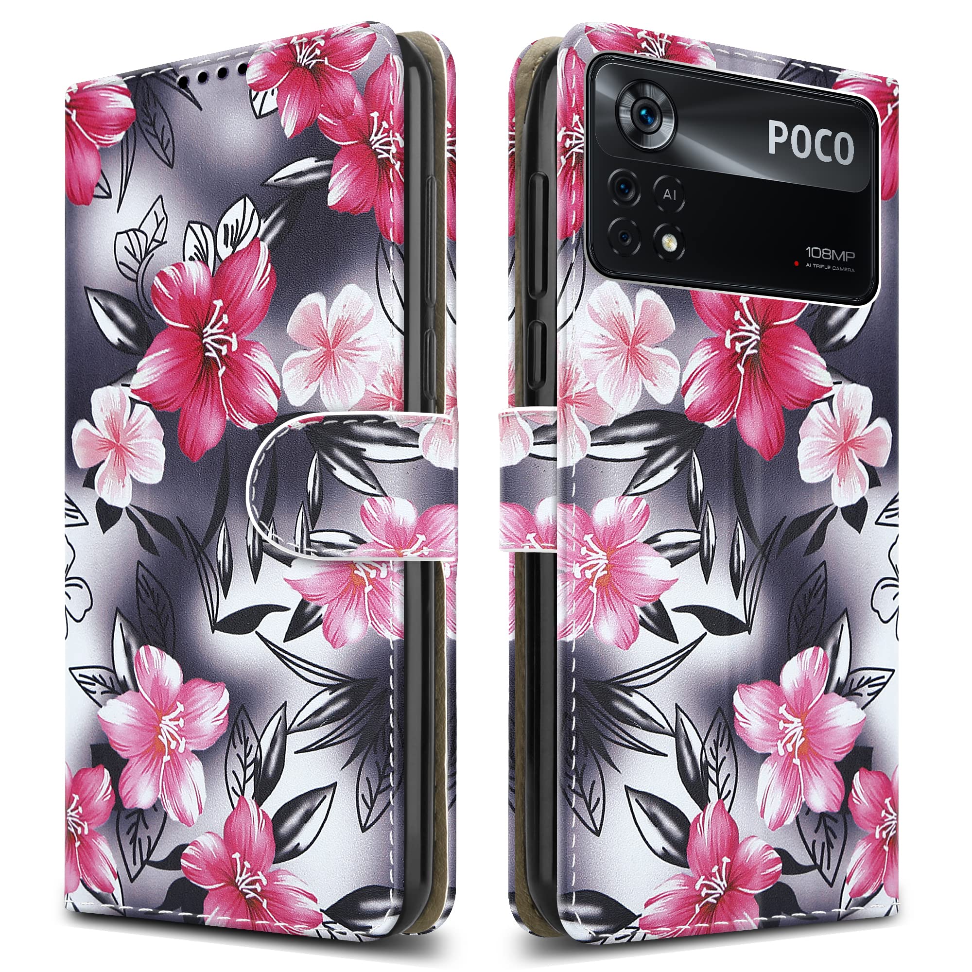 For Xiaomi Poco X4 Pro 5G Leather Phone Case, Magnetic Closure Full Protection Book Folio Design, Wallet Case Cover [Card Slots] and [Kickstand] For Xiaomi Poco X4 Pro 5G - Flower Print