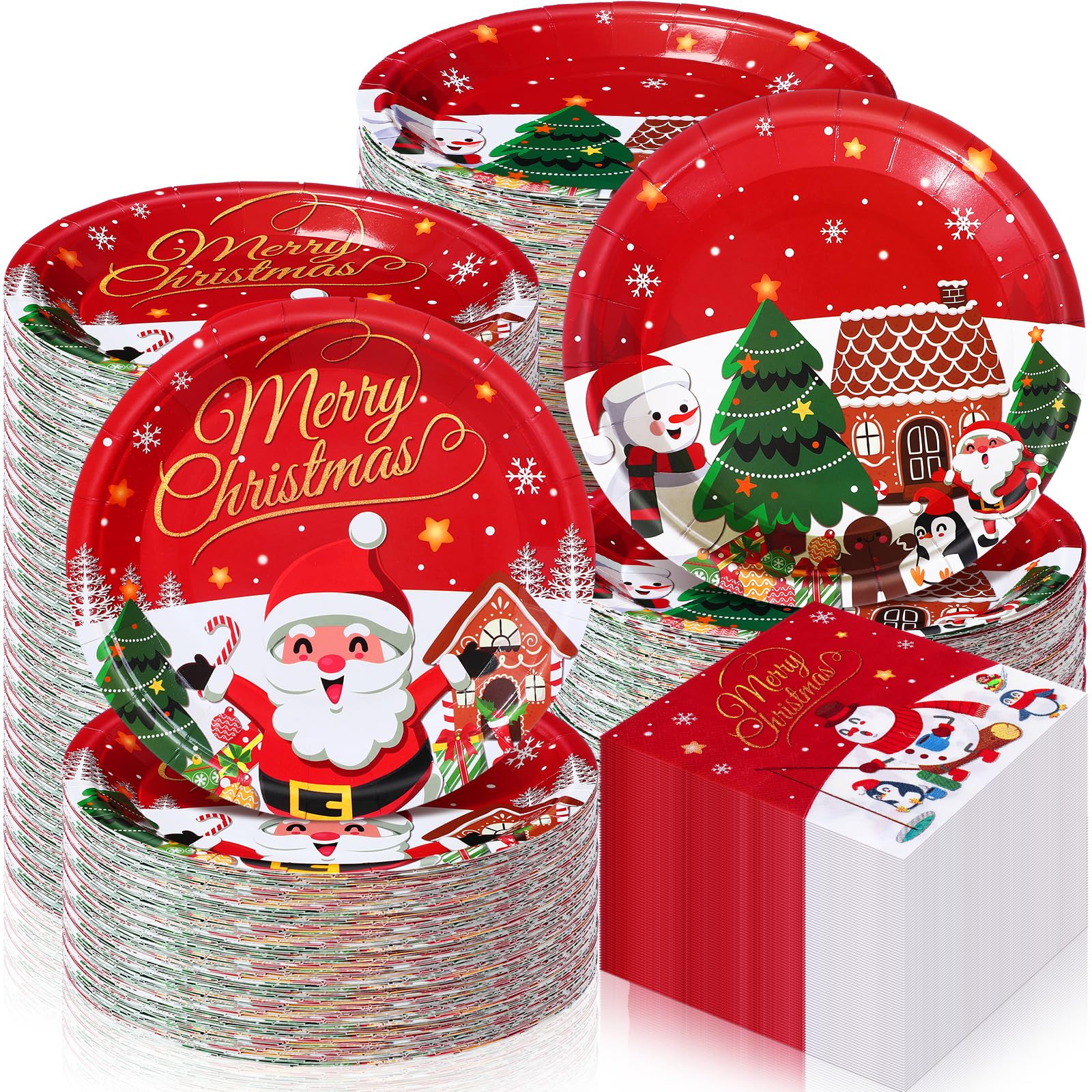View 1 of ***ONLYY NAPKINS*****Teenyyou 120 Pcs Christmas Disposable Paper Plates and Napkins Bulk Xmas Party Supplies Christmas Tree Santa Clause Red Paper Plates Napkins Set for Xmas Party