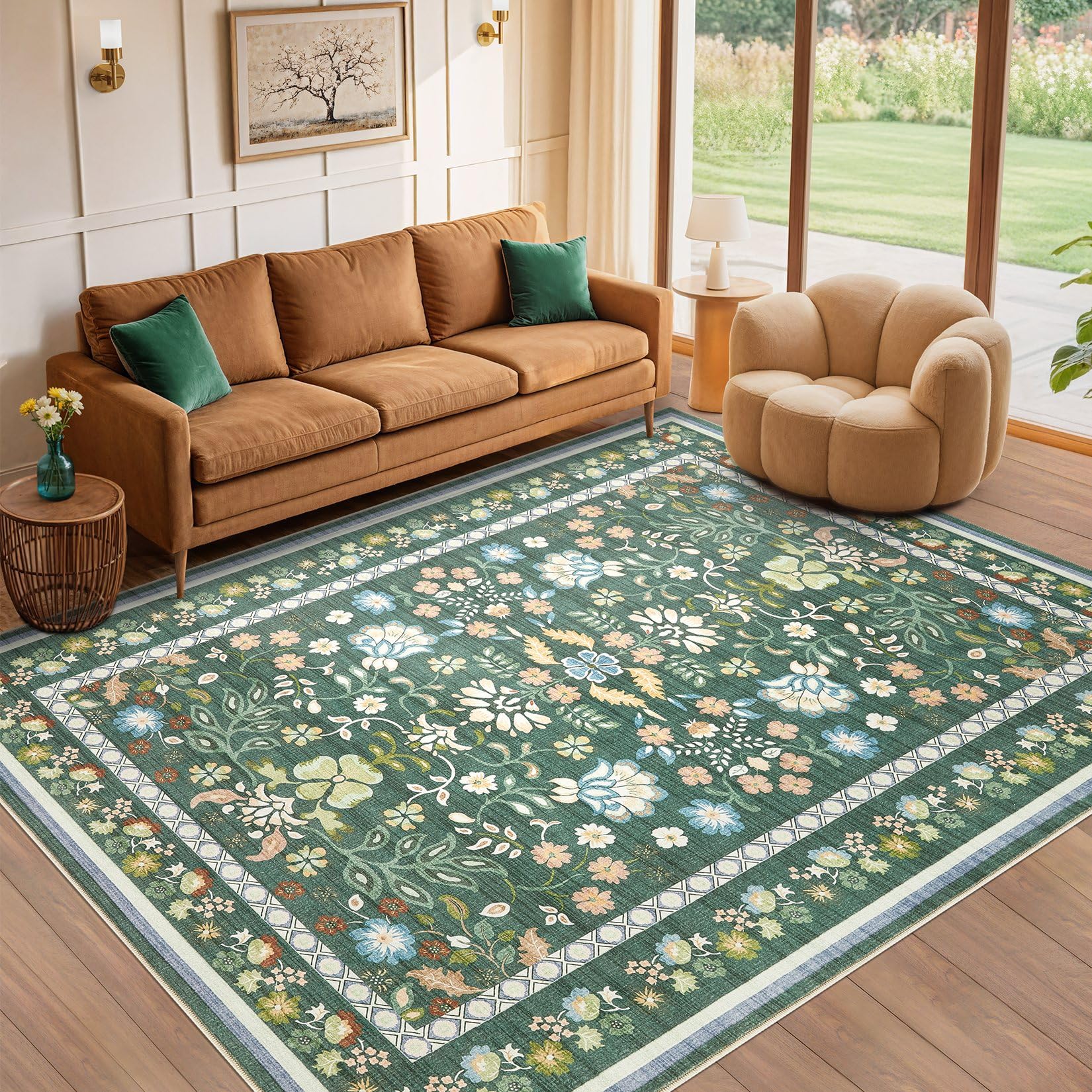 Photo 1 of UERMEI 6x9 Area Living Room Rugs - Washable Boho Vintage Floral Large Soft Non Slip Thin Rug Low Pile Carpet for Bedroom Dining Room Kids Playroom Office Decor Indoor- Green