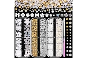 UOTEY 3 Boxes Flatback Pearls and 3D Flowers for Nails, Luxurious Half Pearl Nail Charm Gems for Nails ABS Round Plastic Beads, Mixed Camellia Flower Butterfly Charms for Acrylic Nail Art DIY Accessories