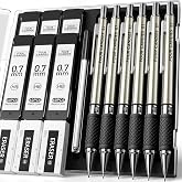 Metal Mechanical Pencil Set with Case, 6-Pack 0.7mm Medium Point | 360 Leads, 12 Erasers, Non-Slip Grips, For School Writing, Sketching, Art Drawing &amp; Professional Drafting