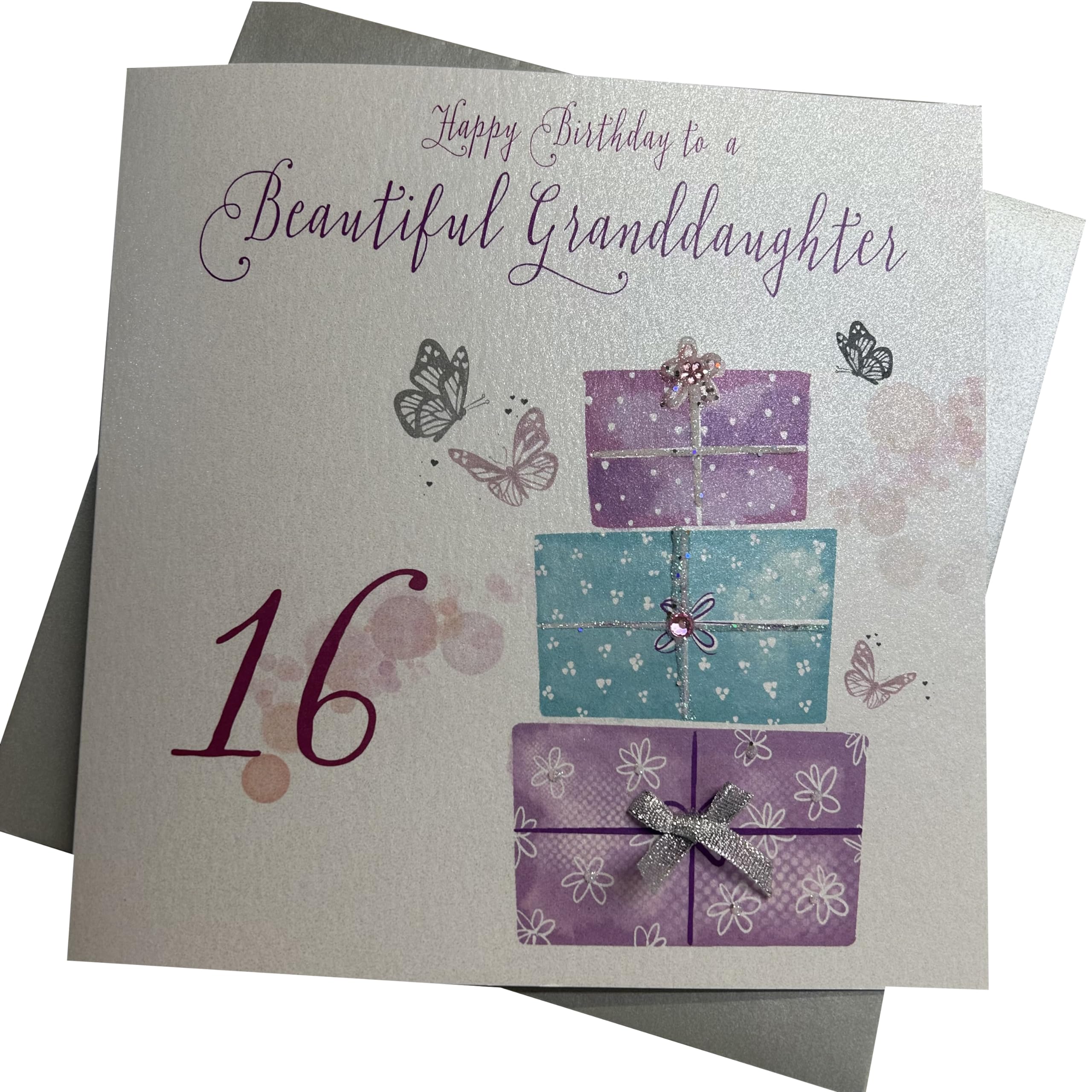 white cotton cards Happy Birthday To A Beautiful Granddaughter 16 Handmade Large 16th Birthday Card Present, XLWB105 NEW, 22cm x 22cm
