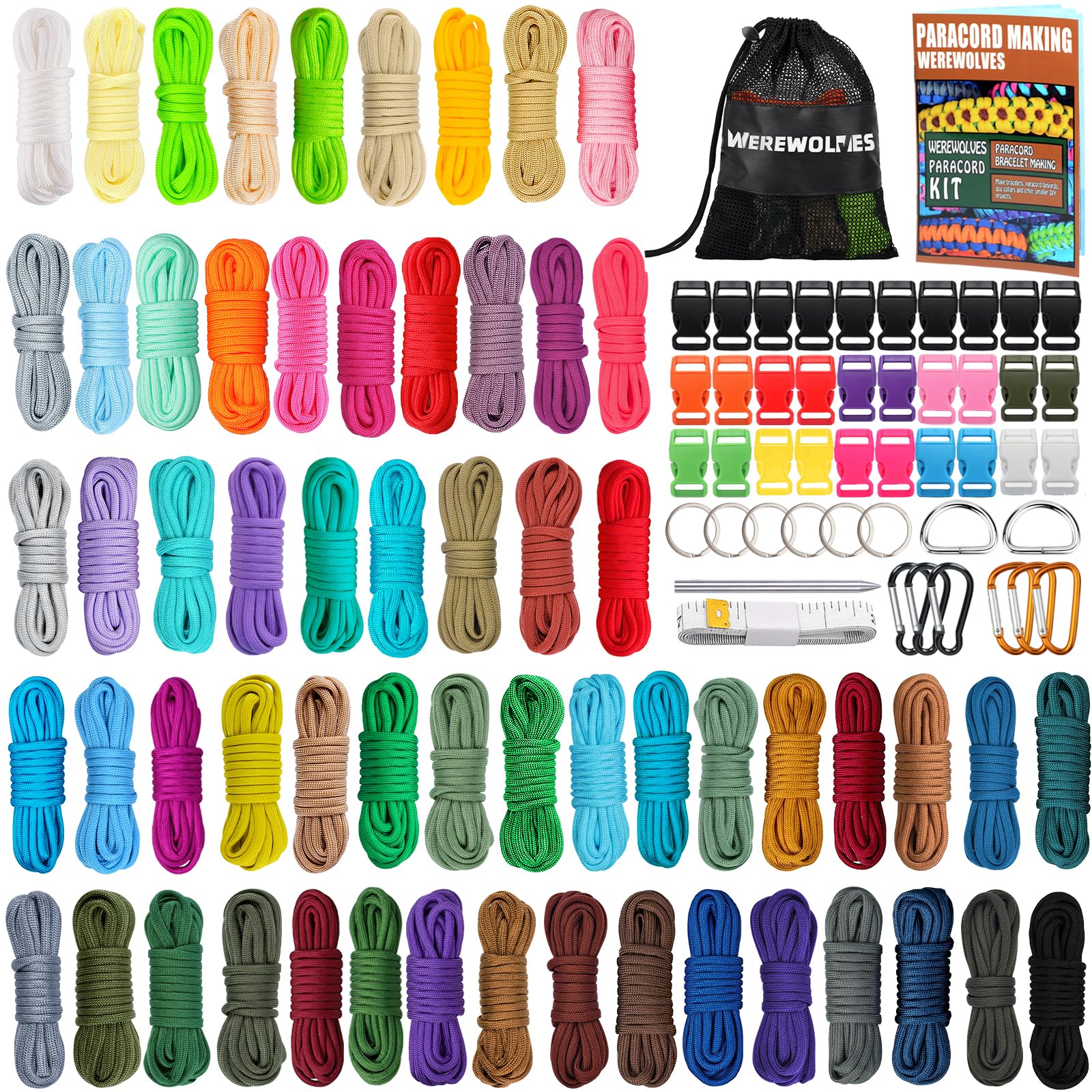 WEREWOLVES Paracord Craft Kit - 60 Colors, 10ft Ropes, Complete Accessories for Making Paracord Bracelets, Lanyards, Dog Collar Image