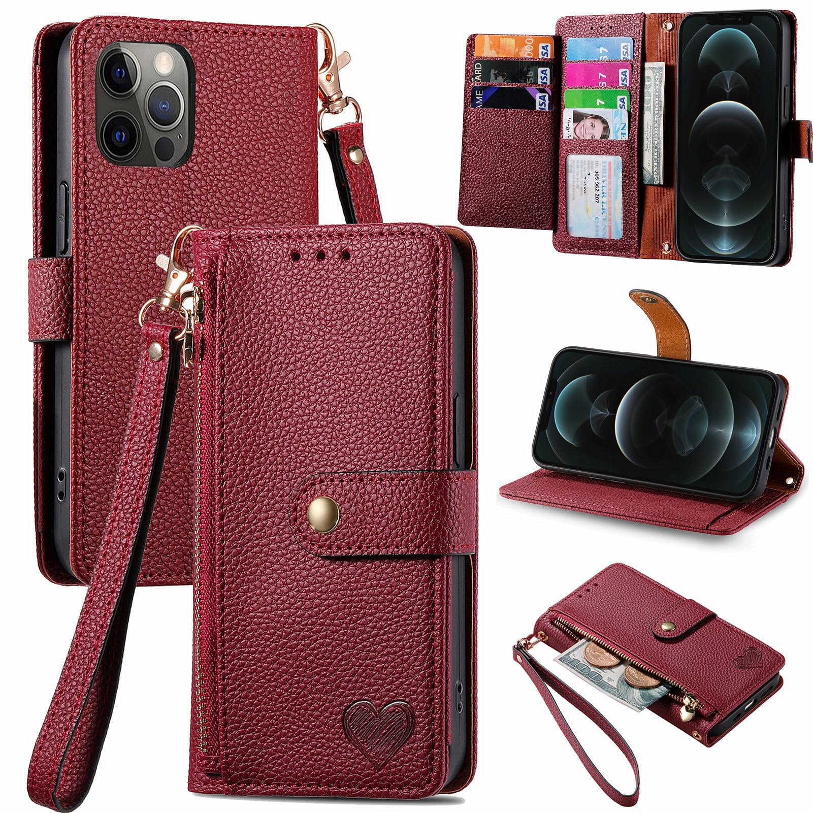 VEEMOS Zipper Wallet Case for Apple iPhone 12 Pro Max Phone Case with Purse Card Holders RFID Blocking Leather Flip Case Book Cover Wrist Strap Women - Red