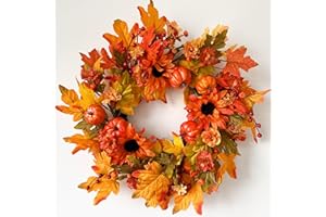 HOMEKAREN Fall Wreaths for Front Door 22 Inch, Autumn Wreath with Berry Pumpkin, Maple Leaves, Thanksgiving Harvest Festival Decorations Indoor and Outdoor (Orange-Pumpkins)