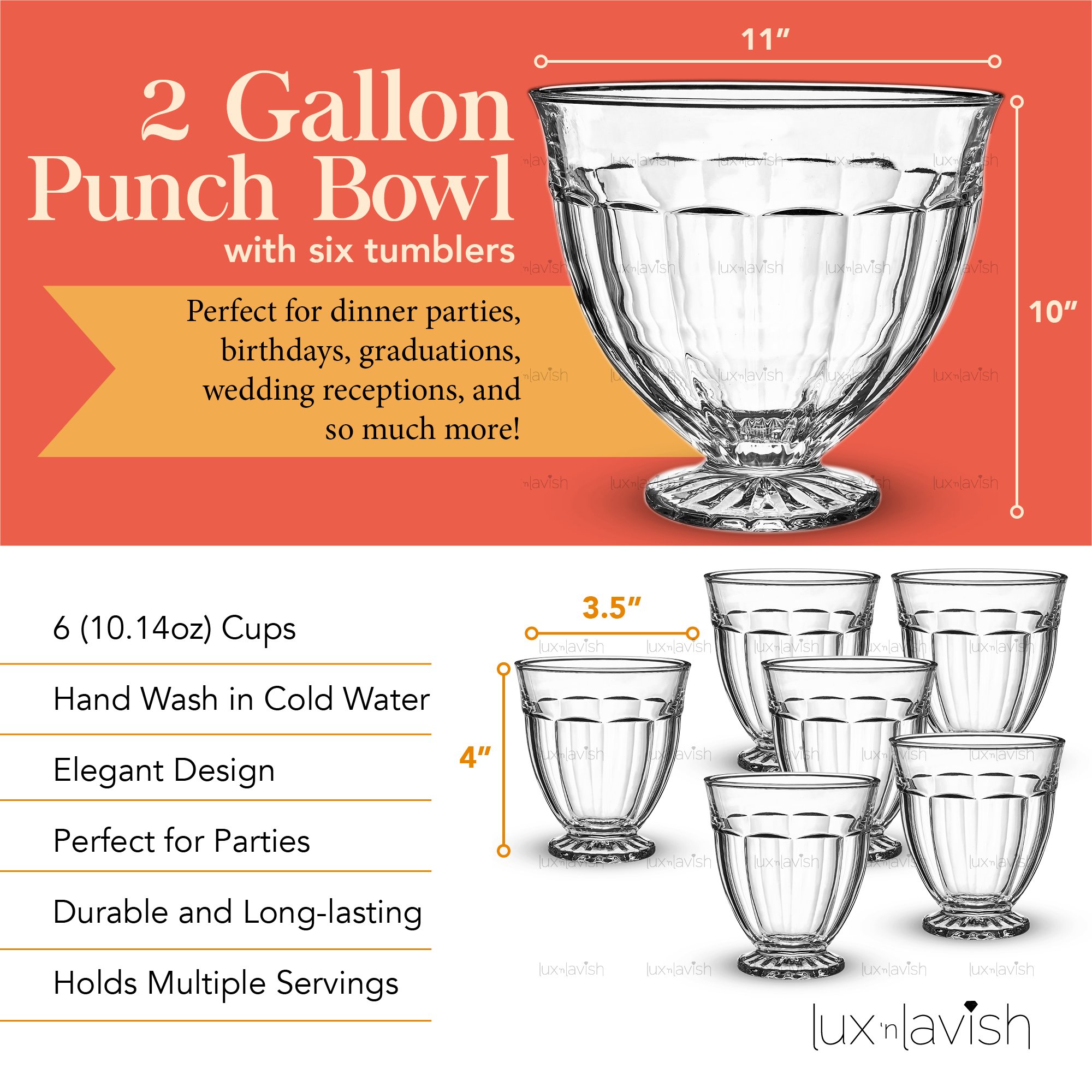 Glass Punch Bowl Set 7 Piece Kit Extra Large 2 Gallon Footed Bowl with Six 632030539580 eBay
