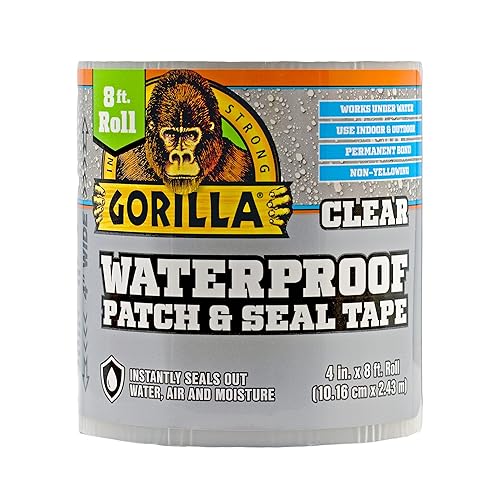 Gorilla Waterproof Patch & Seal Tape, Clear Tape, 4" x 8' (Pack of 1) - Permanent Weather Resistant Seal for Leaks and Repairs