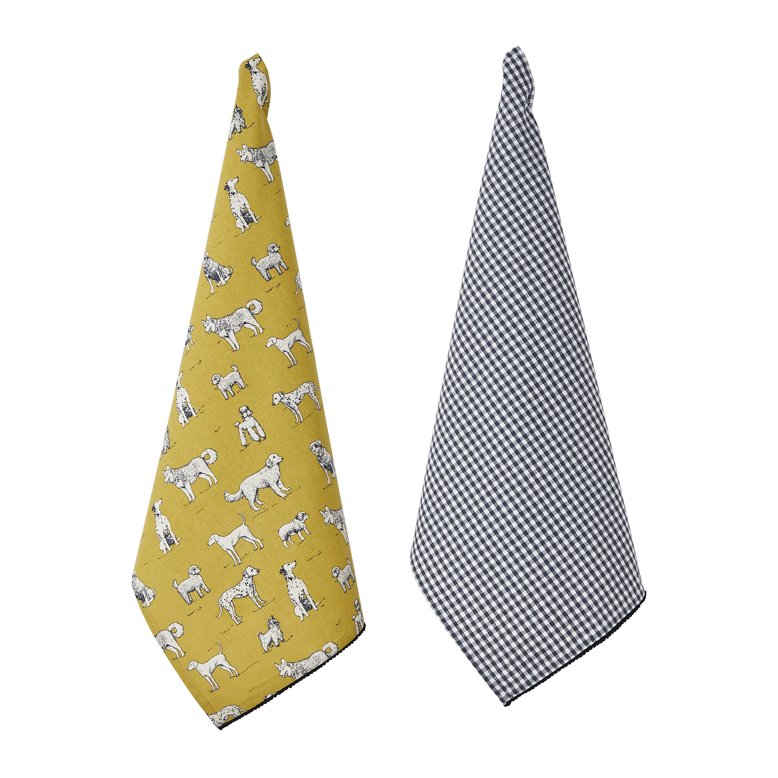 Penguin Home Set of 2 Recycled cotton Tea Towels, Eco Friendly Sustainable Printed Kitchen Towels with pompom lace at bottom Size - 50x70 cm Colour - Mustard,Grey & Black Dish Towels