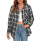 Stamain Plaid Shirts for Women Casual Button Down Flannel Shirt Plus Size Roll Up Long Sleeve Checkered Blouse Tops
