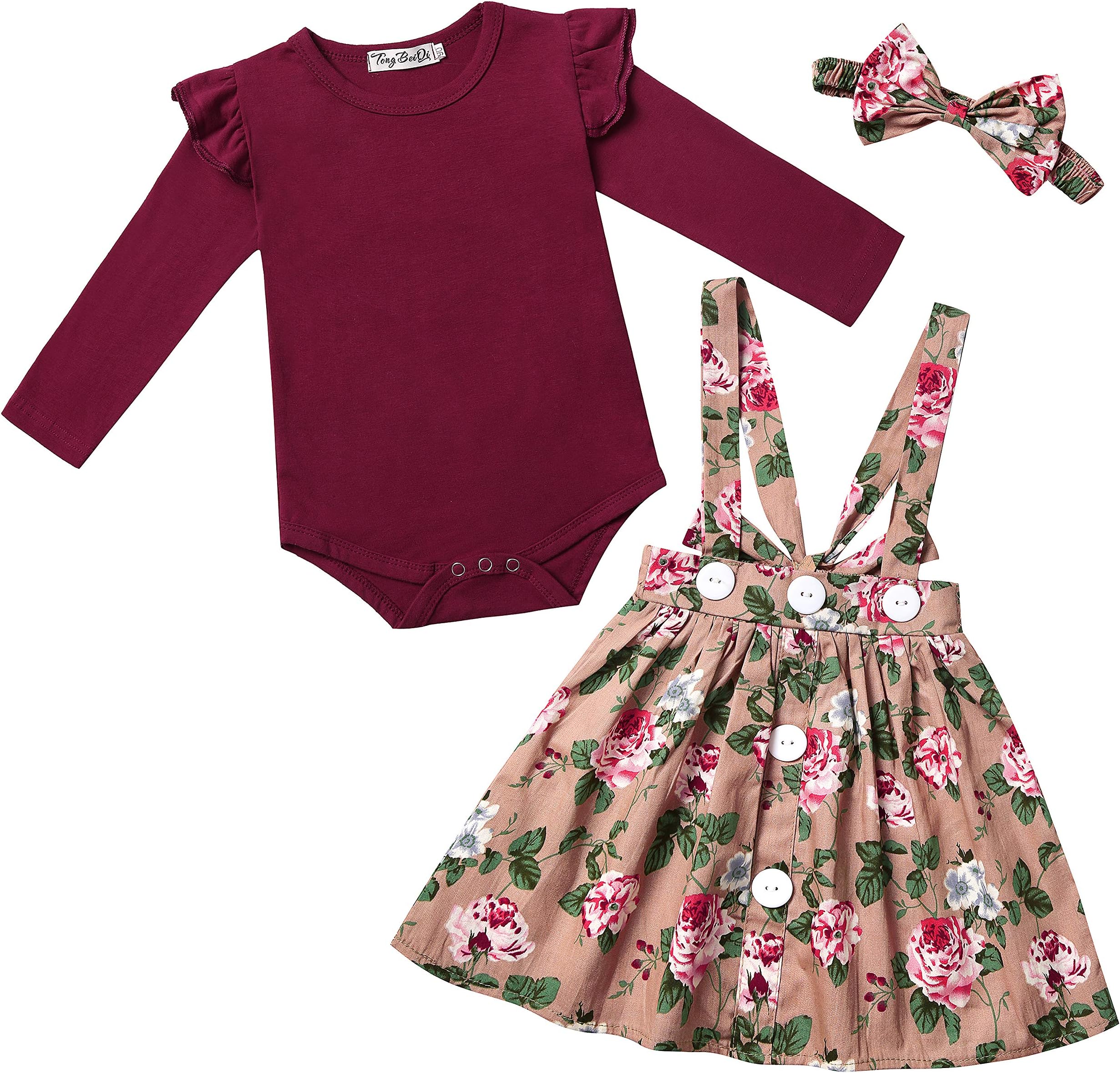 Baby Girl Clothes Short Sleeve Ruffle Romper Suspender Floral Skirt Outfit Set with Headband