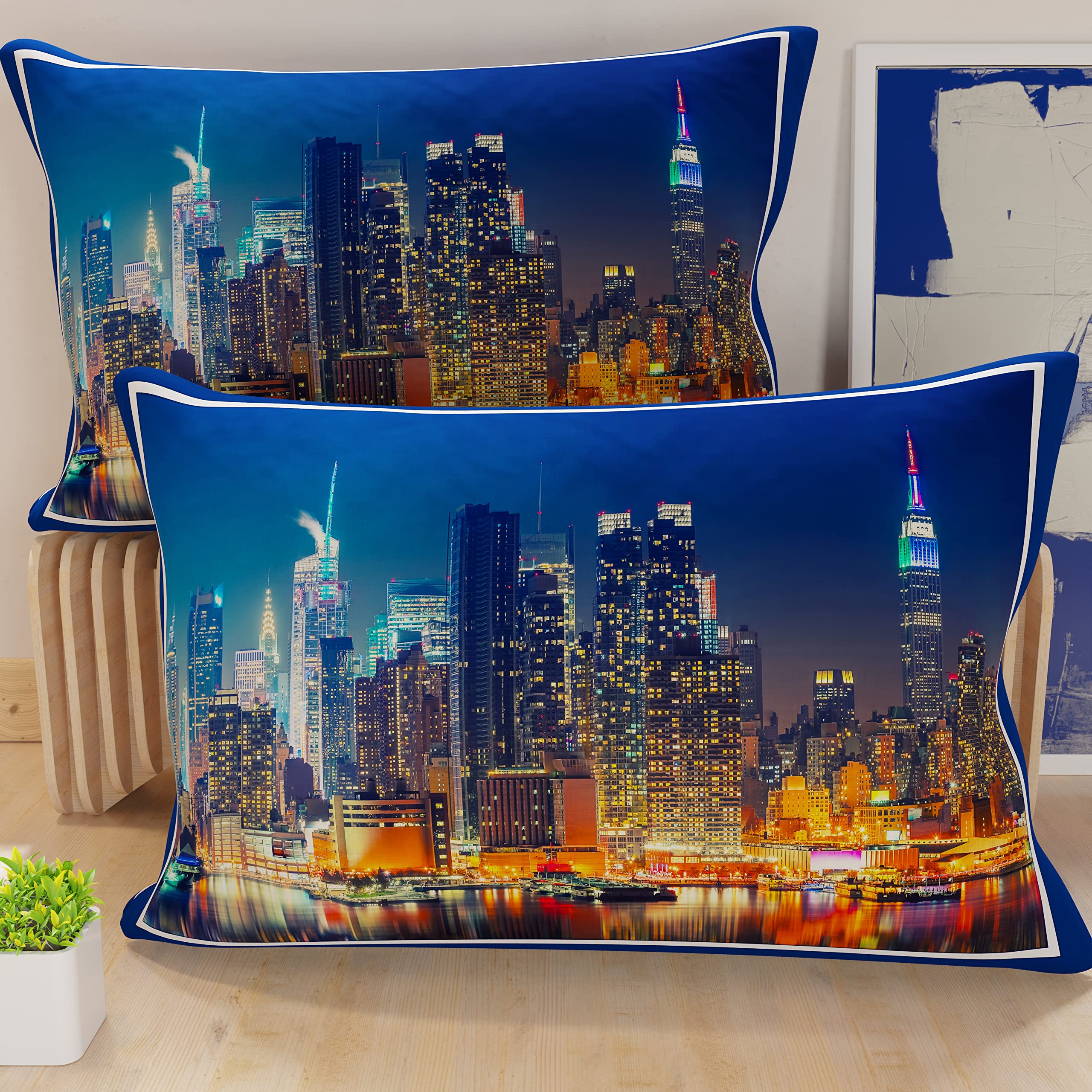 PETTI Artigiani Italiani - Blue City Pillowcases, Pair of 52 x 82 cm Hypoallergenic Microfibre Pillowcases, Modern Pattern, Bedroom Decor, Pillow Protection — image 1