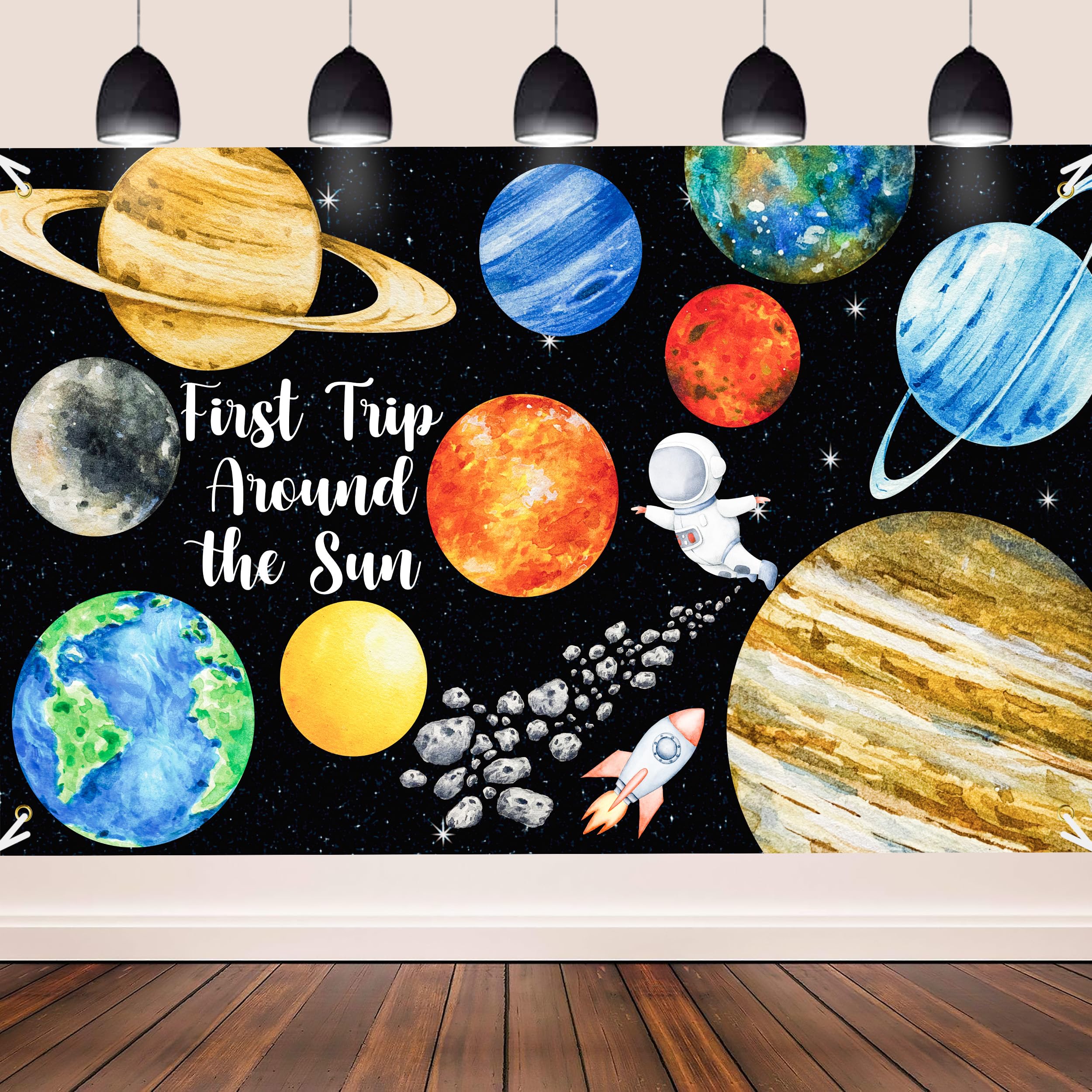 Photo 1 of Outer Space 1st Birthday Party Backdrop Background First Trip Around The Sun Backdrop Decoration First Trip Around The Sun Decorations for Galaxy Planets Astronaut Birthday Party Space Baby Shower