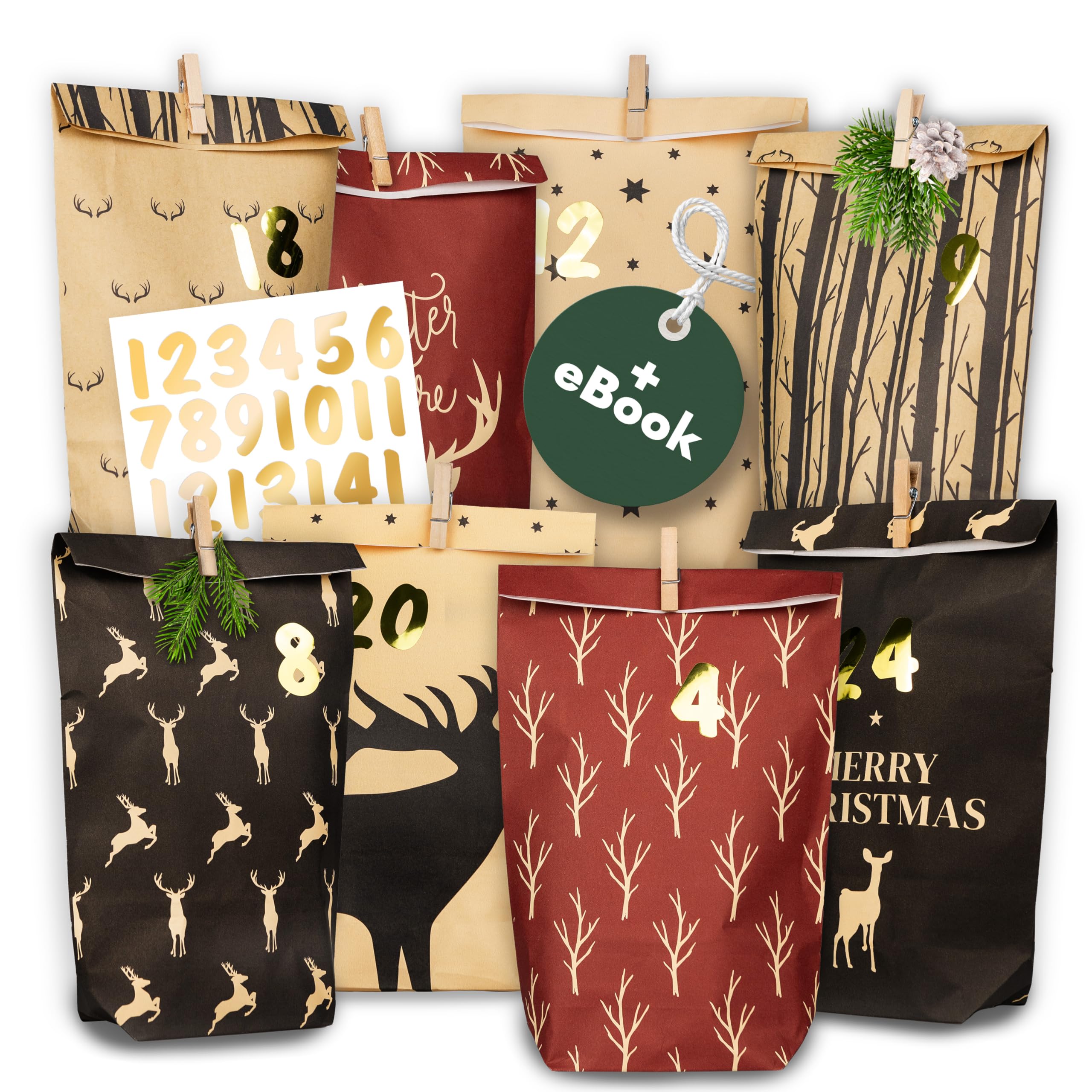 Amari ® Advent Calendar for Filling No. 15 Deer - 24 Paper Advent Bags (with Wooden Clips) for Crafts for Christmas - Paper Christmas Bags