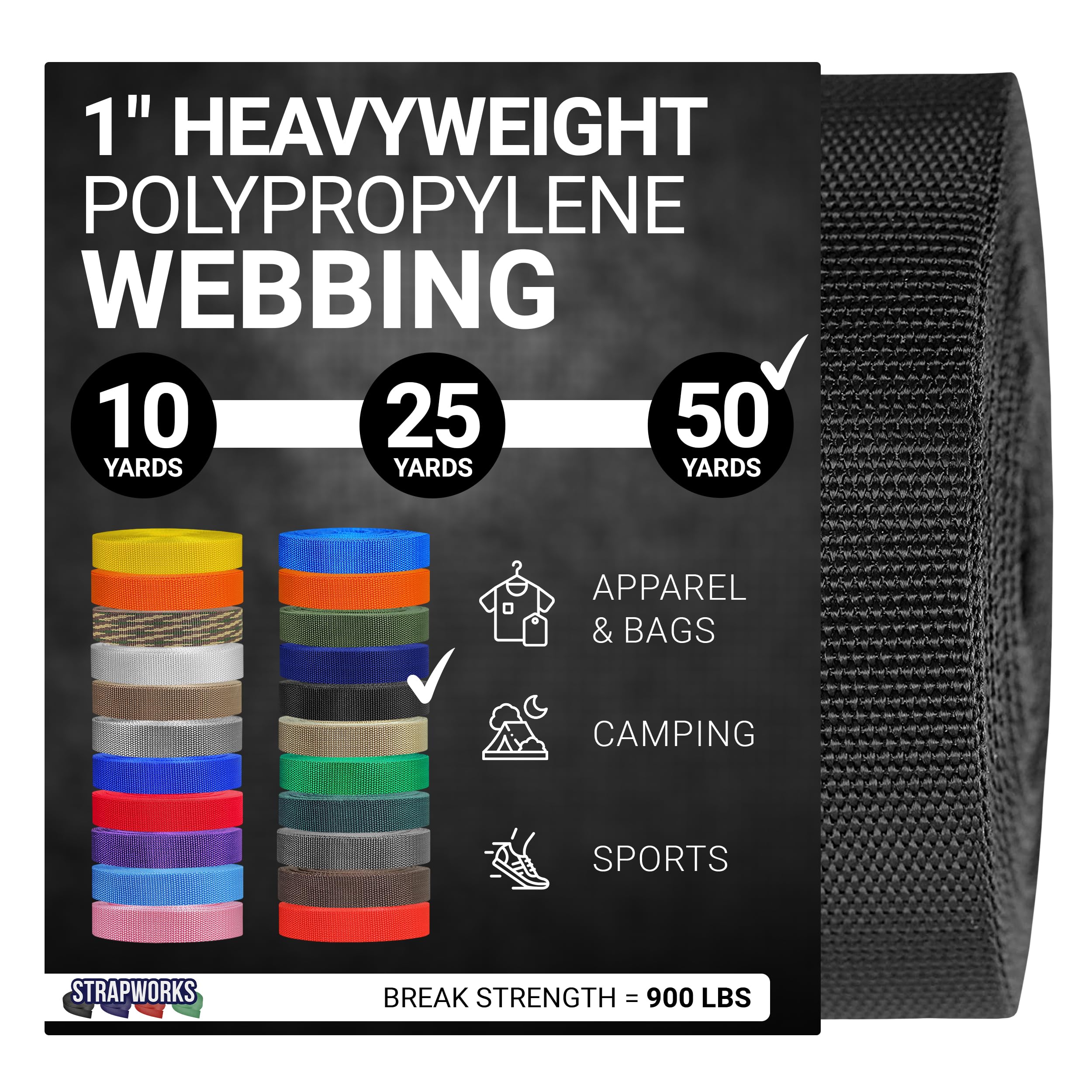 Strapworks Heavyweight Polypropylene Webbing - Heavy Duty Poly Strapping for Outdoor DIY Gear Repair, 1 Inch x 50 Yards - Black