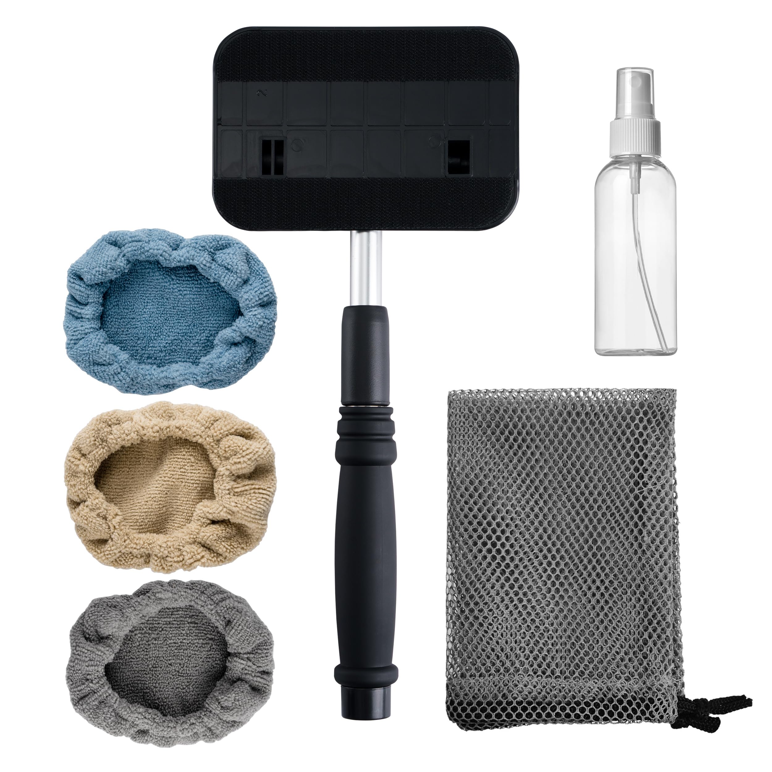 Polyte Pivoting Windshield Glass Cleaning Tool Extendable Aluminum Handle w/3 Premium Microfibre Covers