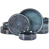 Gibson Elite 12 Piece Matisse Moderna Stoneware Reactive Glaze Plates and Bowls Dishes Dinnerware Set - Cobalt Blue