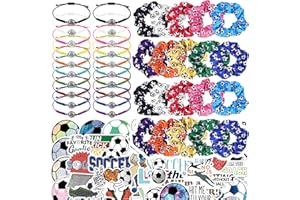 KOLEWO4EVER Soccer Party Favor Set with 20 Pcs Satin Soccer Scrunchies Hair Ties,20 Pcs Adjustable Soccer Bracelet and 100 Pcs Soccer Stickers Soccer Birthday Party Decoration for Sports Themed Party Favor