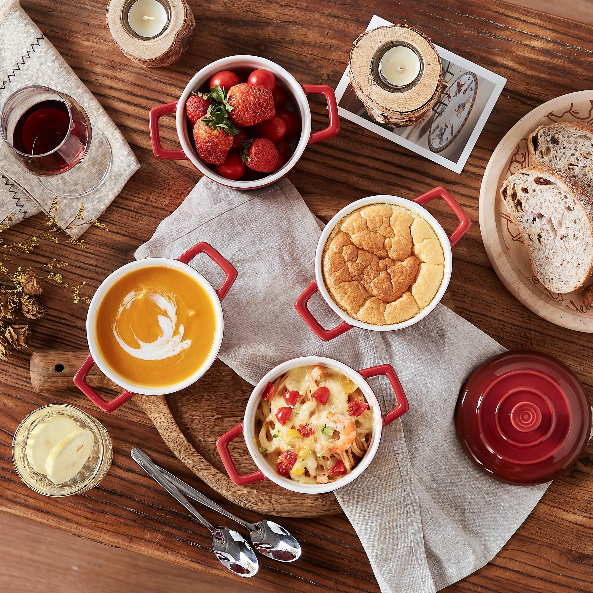 Lareina Mini Cocotte - 12oz Ceramic Casserole Dishes - Kitchen Casserole Sets With Handles And Lid - Small Baking Ramekins - Oven, Microwave & Dishwasher Safe - Set of 4 - Red