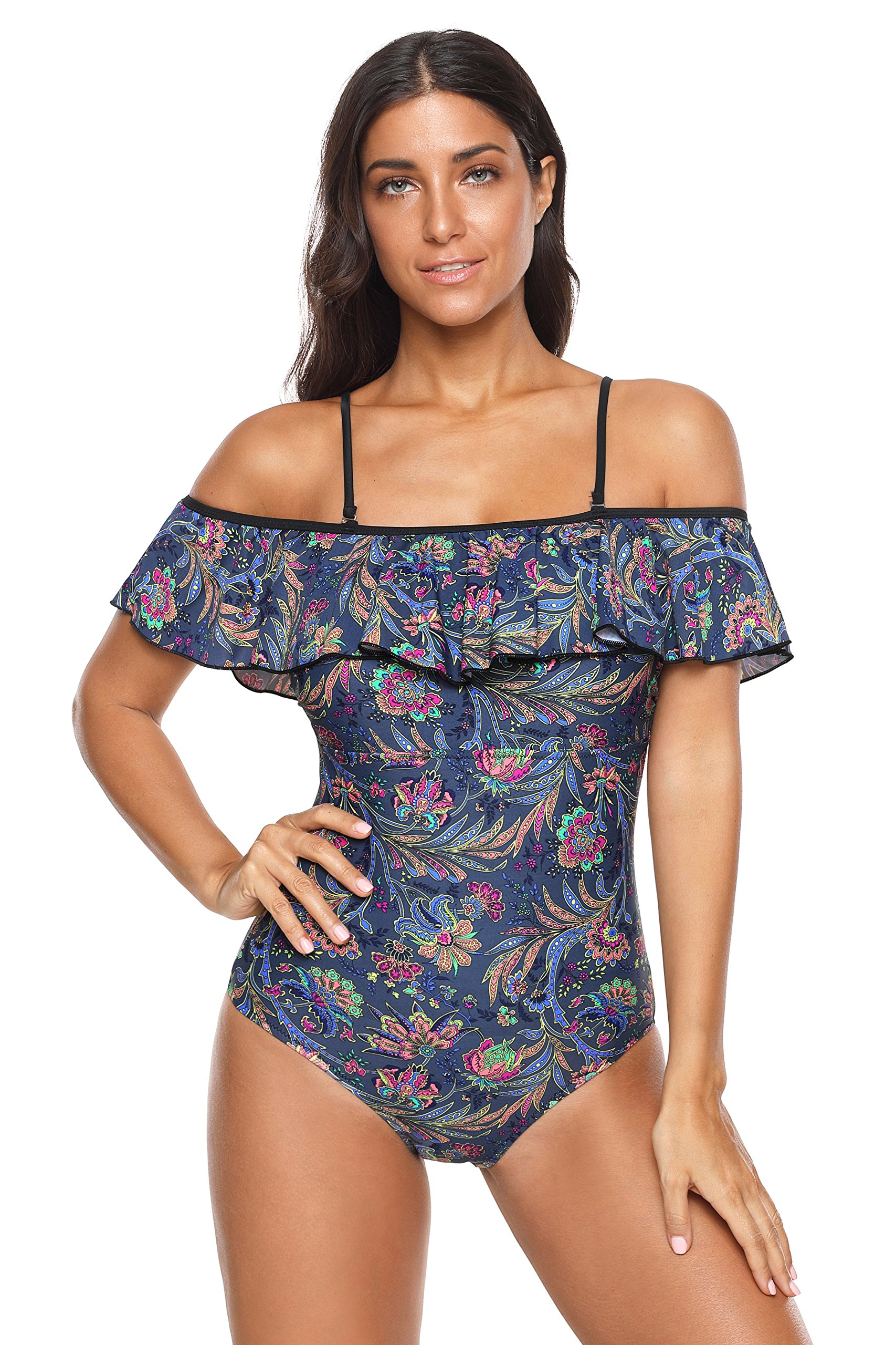 Women 1 Piece Vintage Floral Printed Off Shoulder Flounce Ruffled Padded Chic and Sexy Bathing Suits (Small)