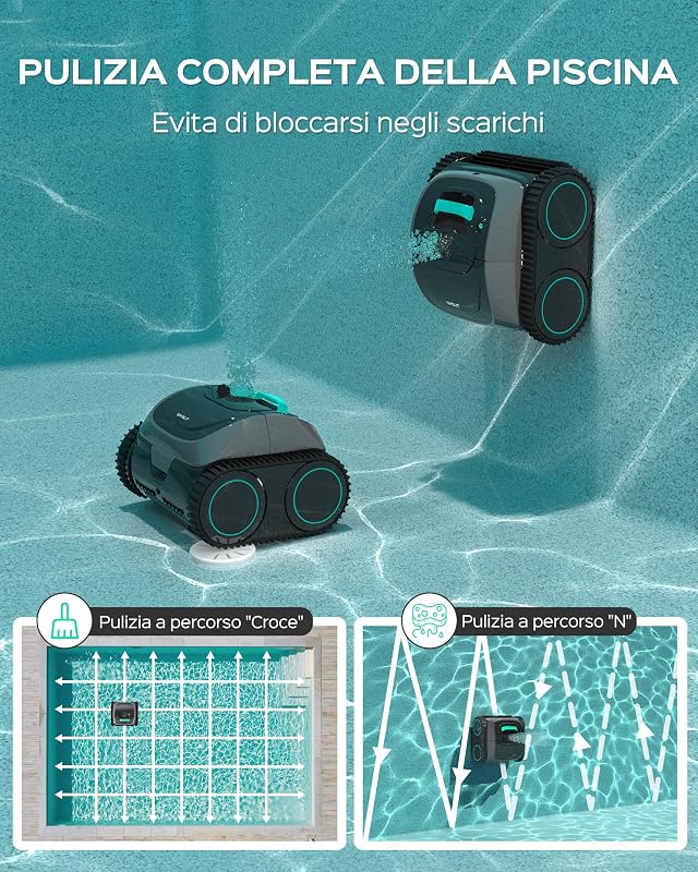 C1 Robot Piscina 160min Batteria,160m² Fondo Mura Linea Acqua