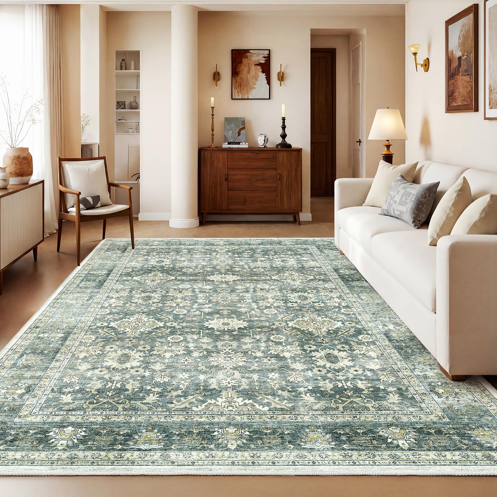 HOMFINE Vintage Washable Rugs for Living Room - 120x170cm Green Area Rug for Bedroom Living Room Traditional Printed Design, Low Pile, Non-Slip, Non-Shedding