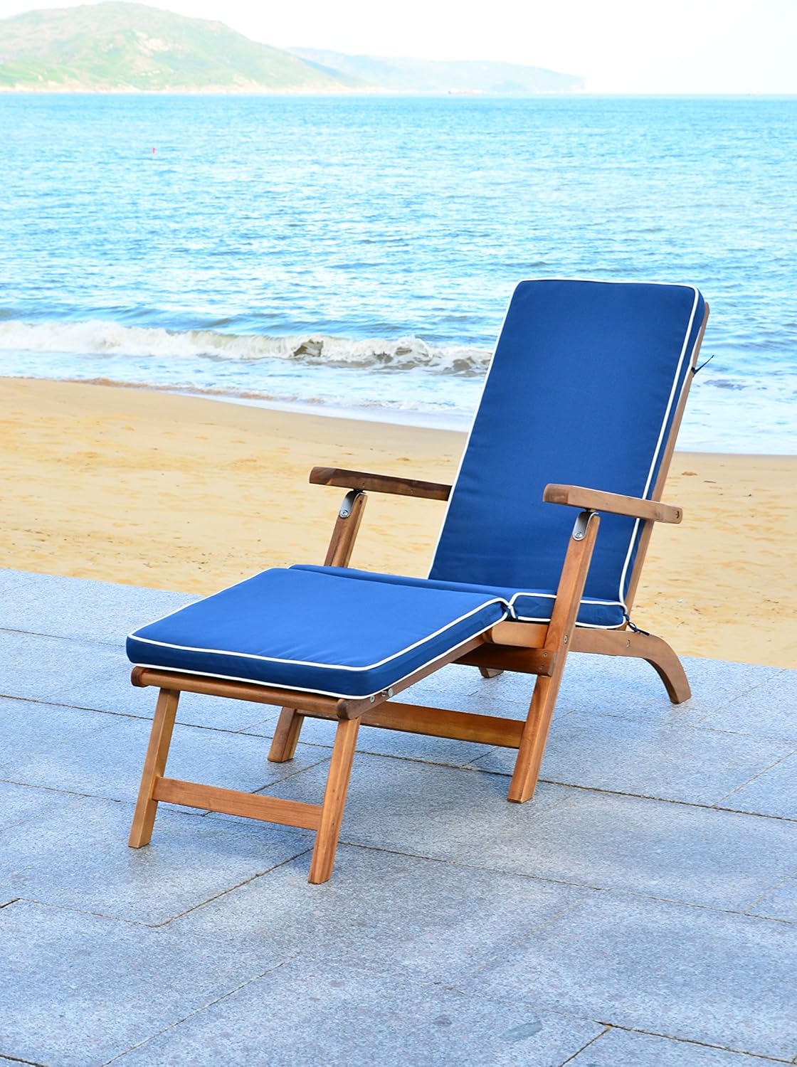 safavieh teak set on Amazon Com Safavieh Outdoor Collection Palmdale Lounge Chair Teak Brown And Navy Furniture Decor