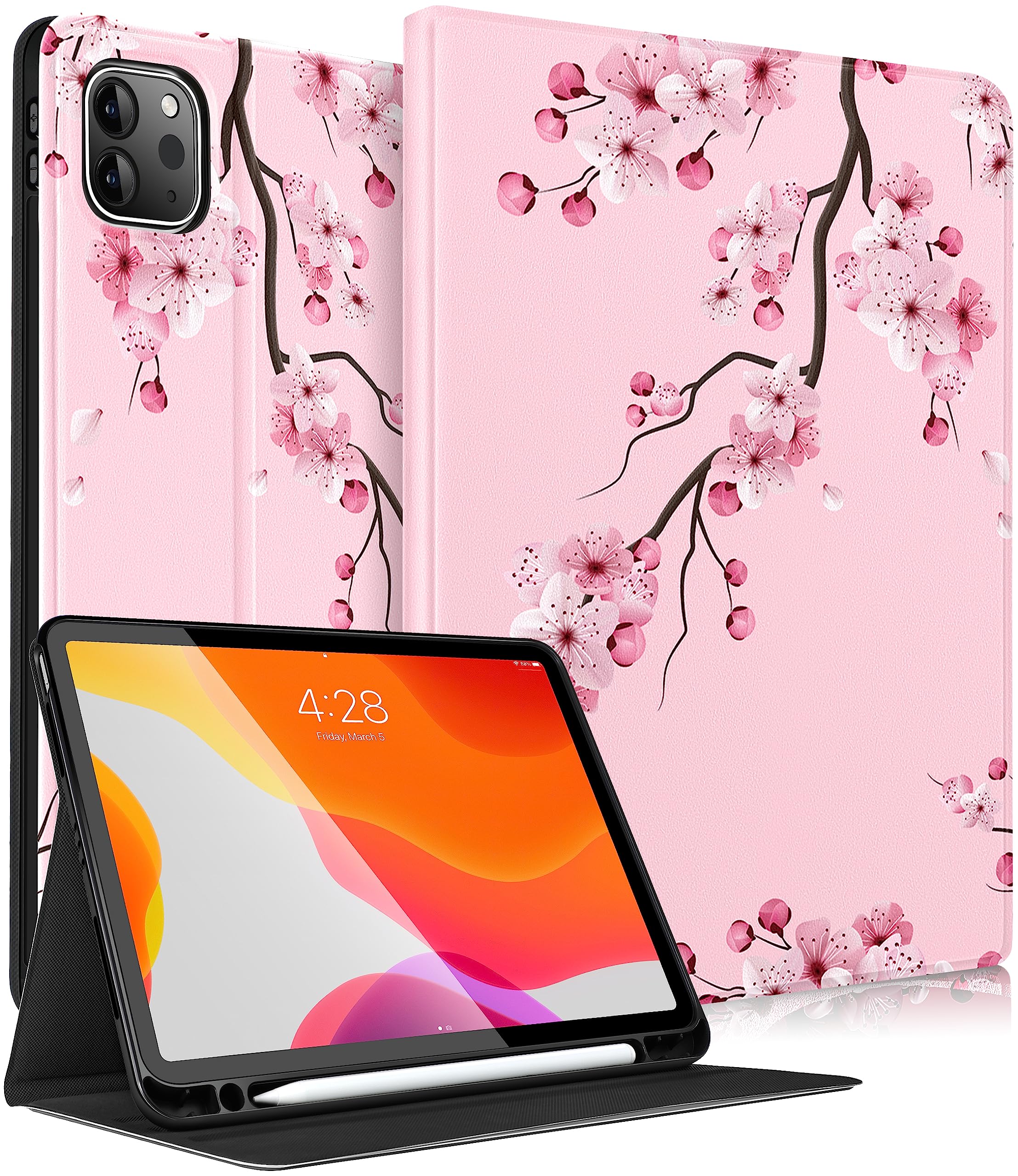 Pegmode for iPad Pro 12.9 Case Women Girls Cute Folio Cover Girly Pretty Flower Unique Aesthetic Design With Pencil Holder Smart Cover for Apple iPad Pro 12.9 Inch Cases 2022/2021/2020/2018