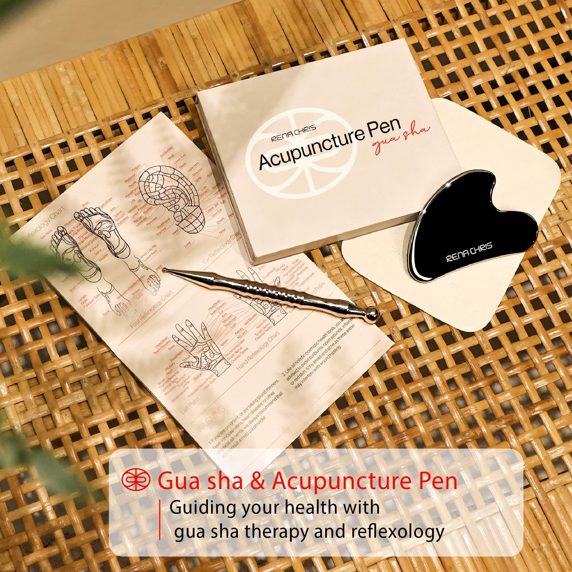 Rena Chris Acupuncture Pen, Manual Reflexology Tools for Muscle Tension and Pain Relief, Acupressure Pen and Stainless Steel Gua Sha Set with Reflexology Chart, Easy to Use