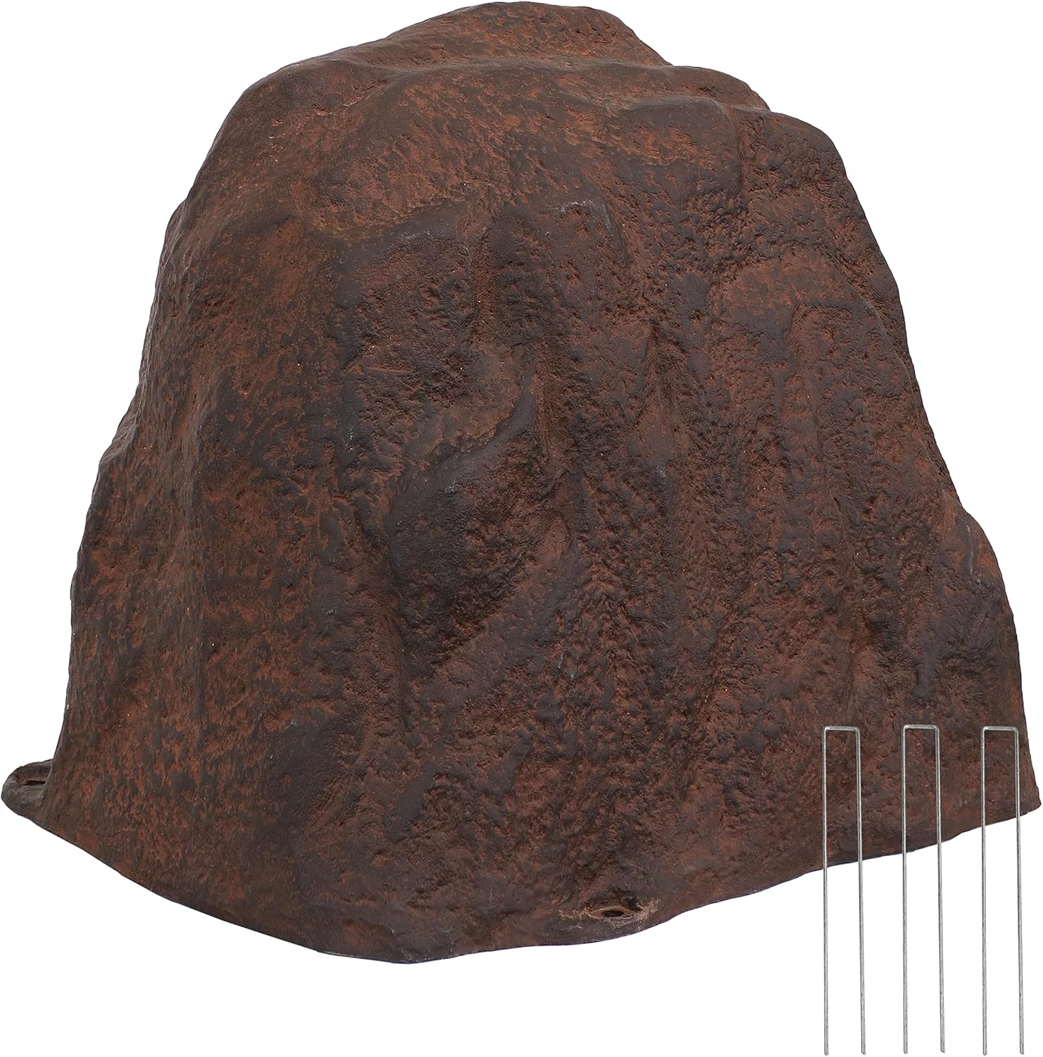 Decorative Garden Stakes - Sunnydaze Polyresin Landscape Rock Cover with Stakes - Septic Cover Artificial Stone - Lightweight Well Cover Rock - Includes 3 Metal Stakes - Brown - 21.5 Inches H