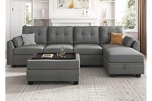 HONBAY Sectional Couch with Storage Ottoman, L Shape Sectional Sofa with Chaise, Reversible Sectional Sofa Couch for Small Space, Dark Grey