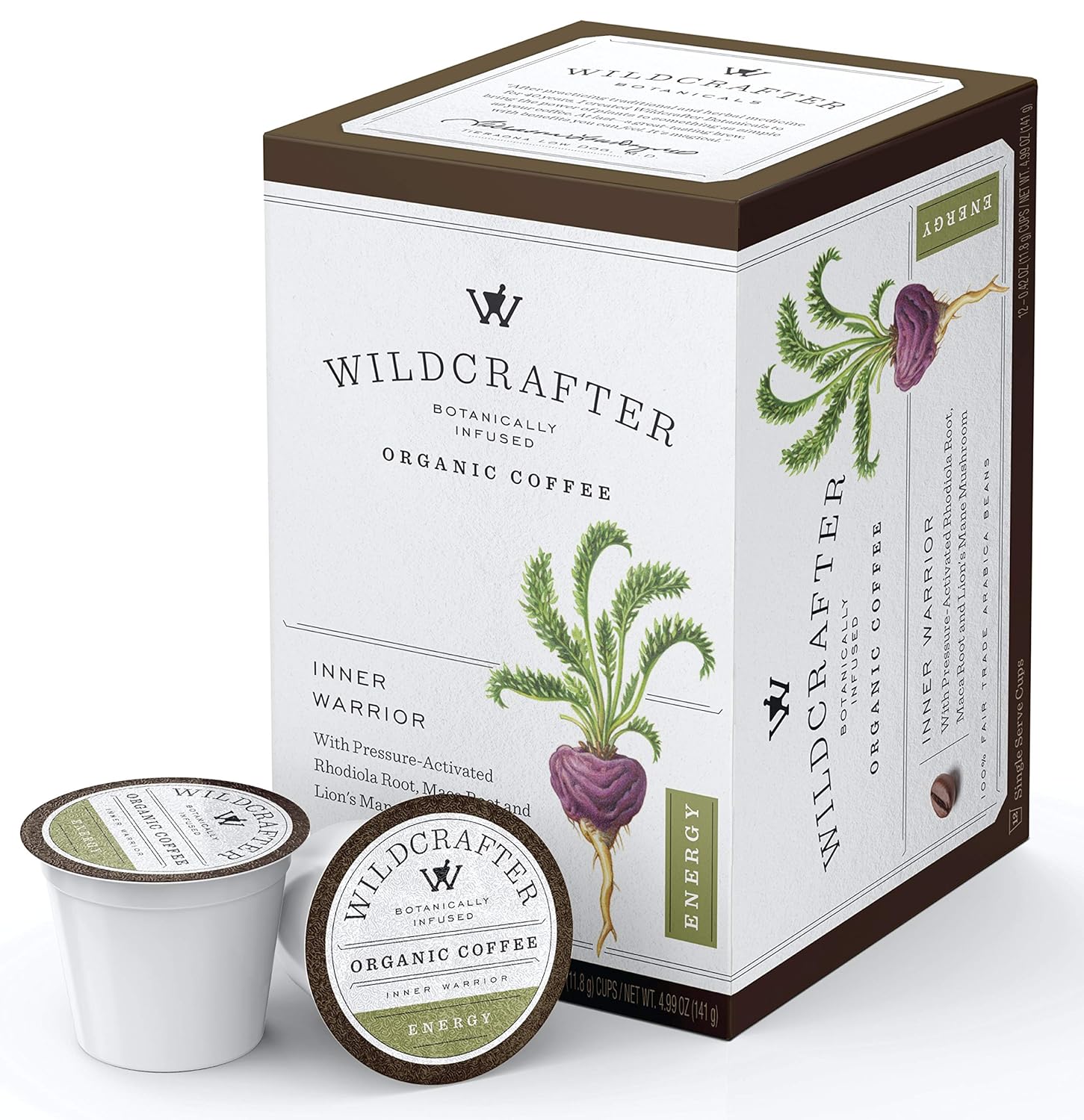 Wildcrafter Botanicals Organic Coffee K Cups - Natural Energy Booster Infused with a Rhodiola, Maca Root & Lions Mane Mushroom Blend. 12 Dark Roast Herbal Pods - Works with K-Cup Brewers & Keurig 2.0