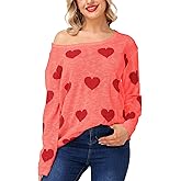 Magrank Womens Valentine Off Shoulder Shirt Long Sleeve Knitted Shirts Loose Heart Ripped Tops