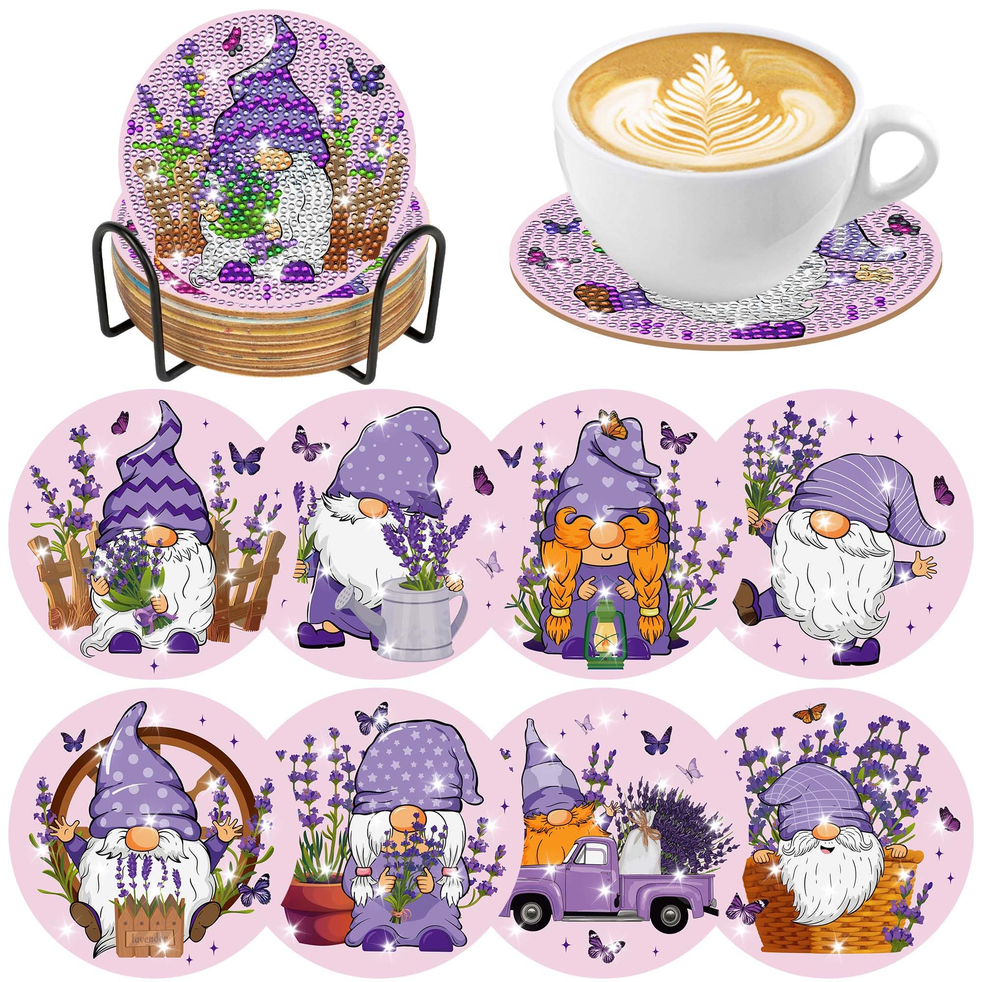 Photo 1 of **STONES MISSING**
Lavender Gnome Diamond Art Coaster Kit: 8PCS Gnome Diamond Painting Coasters with Holder & Cork Pads, Cute Purple Floral Design for Home Decor, DIY Craft Gift for Adults