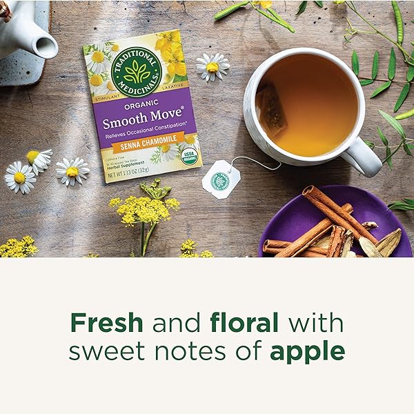 TRADITIONAL MEDICINALS ORGANIC, SMOOTH MOVE TEA, CHAMOMILE & SENNA – HELPS RELIEVE CONSTIPATION OVERNIGHT – KOSHER, NON-GMO, CAFFEINE-FREE, COMPOSTABLE – 16 TEA BAGS