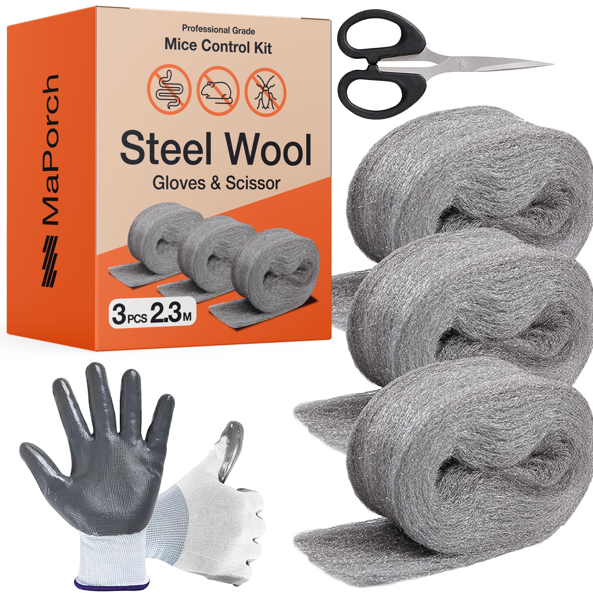 MaPorch 3 Pack Steel Wool Gap Filler for Rats - 3.2in x 7.5ft - Thick Plumbing Wire Wool Mesh - Includes Cut-Resistant Gloves & Scissors