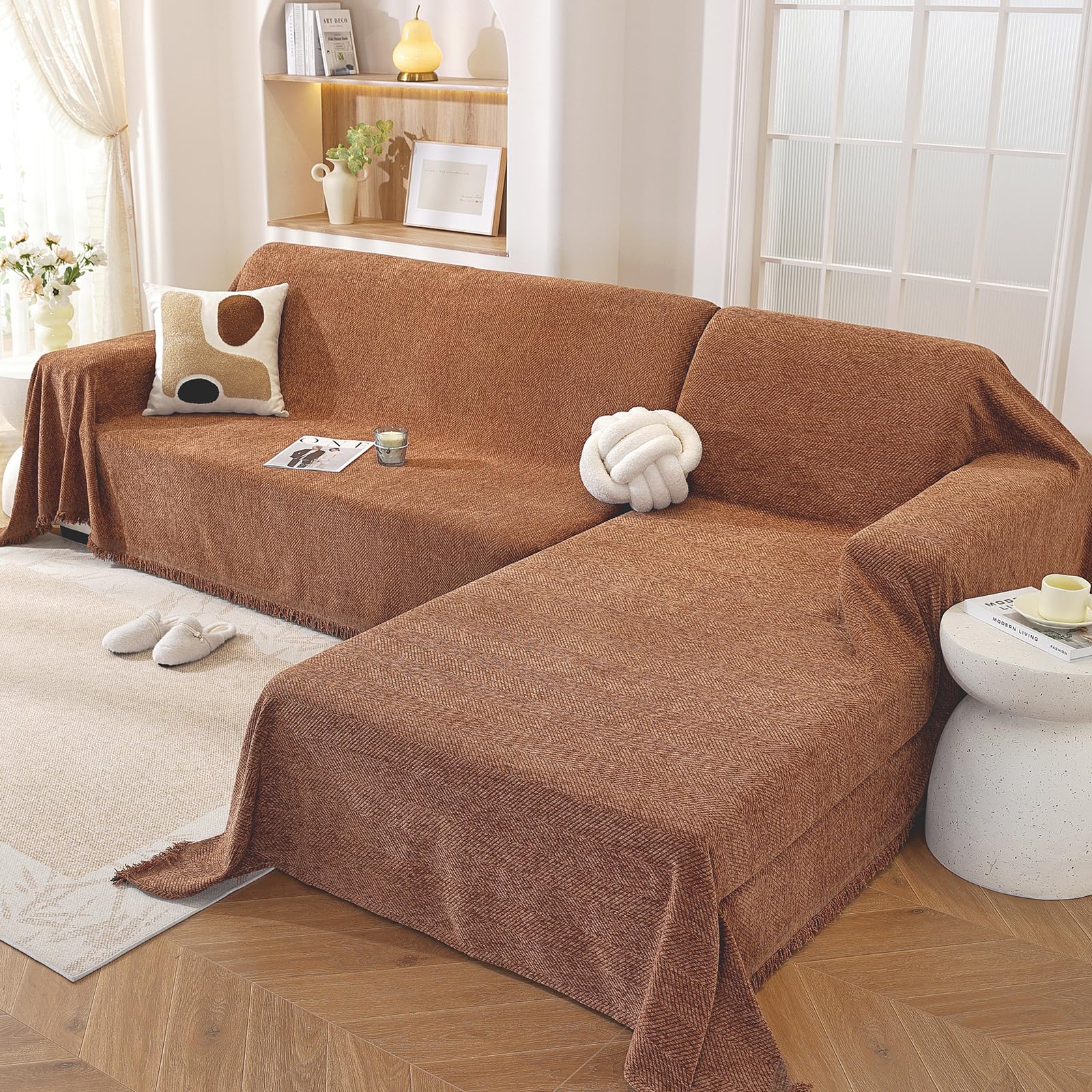 Photo 1 of OstepDecor Sectional Couch Covers 2 Pieces, L Shaped Couch Cover Blanket, Sectional Sofa Cover Washable, Chaise Lounge Sofa Slipcovers Pet Furniture Protector for Dogs (71"x118"+71"x118", Chocolate)