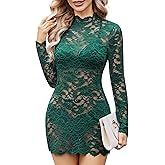 Avidlove Womens Sheer Lace Dress Sexy Long Sleeve Dress See Through Lingerie Short Mini Dresses for Party (No Linling)