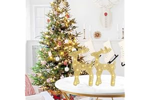 ECOHDT 2 Pcs Glitter Reindeer Christmas Decorations Indoor - Lighted Xmas Ornaments- Holiday Party Deer Figurine Statues Dinner Tabletop Kitchen Mantle Shelf Desk Office Winter Decor- Gold