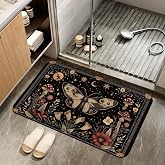 ZTHLL Black Poppy Moth Bathroom Rugs,Mushroom Moon Bath Mats for Bathroom, Low Pile Absorbent Bath Mat,Rubber Backing Non Slip Washable Thin Quick Dry Door Mat 17x29.5 Inch