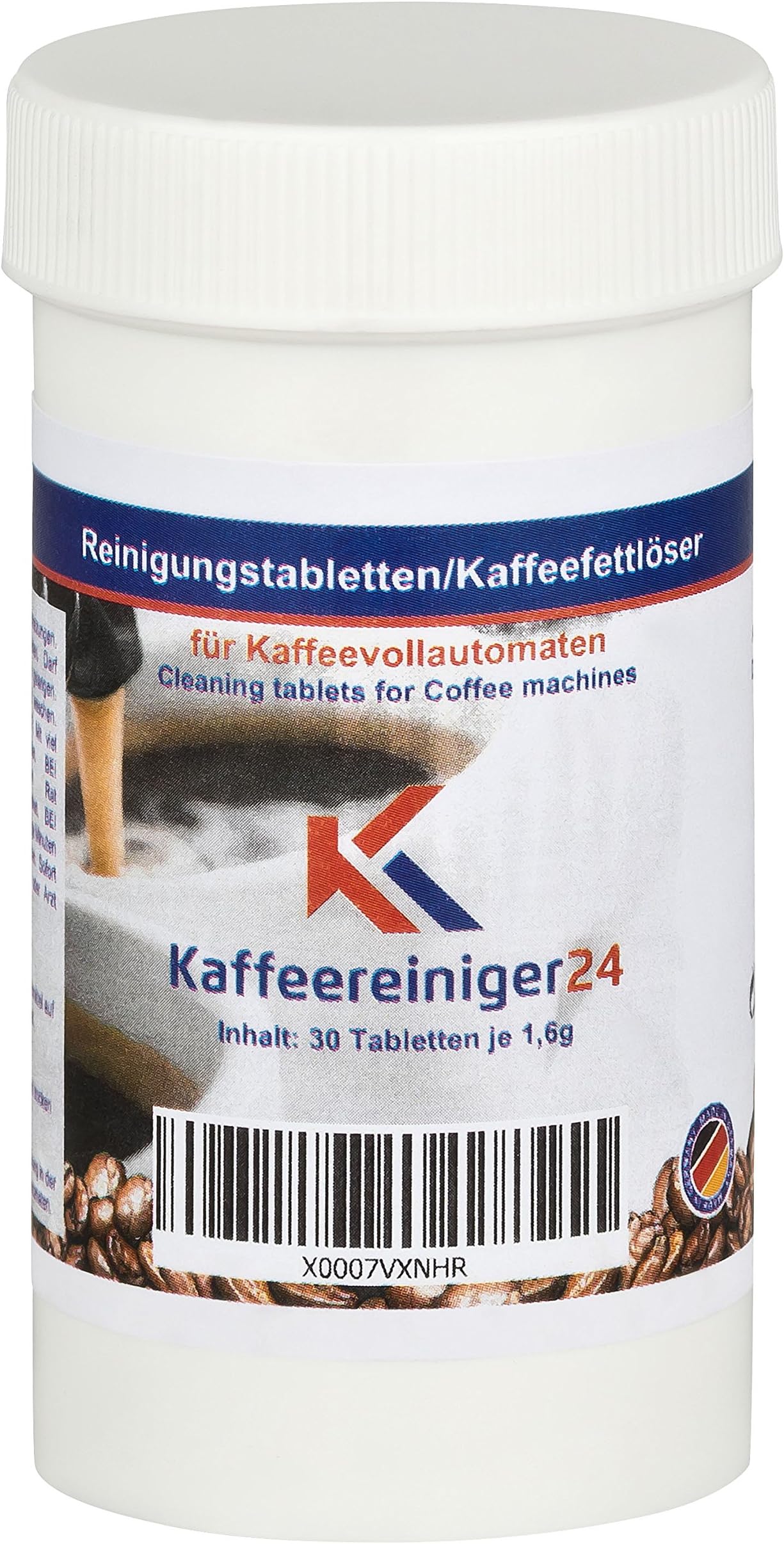 Cleaning tablets for fully automatic coffee machines, suitable for Jura, Siemens, Melitta, Krups, Bosch, made in Germany. 30 Stück a´1,6g