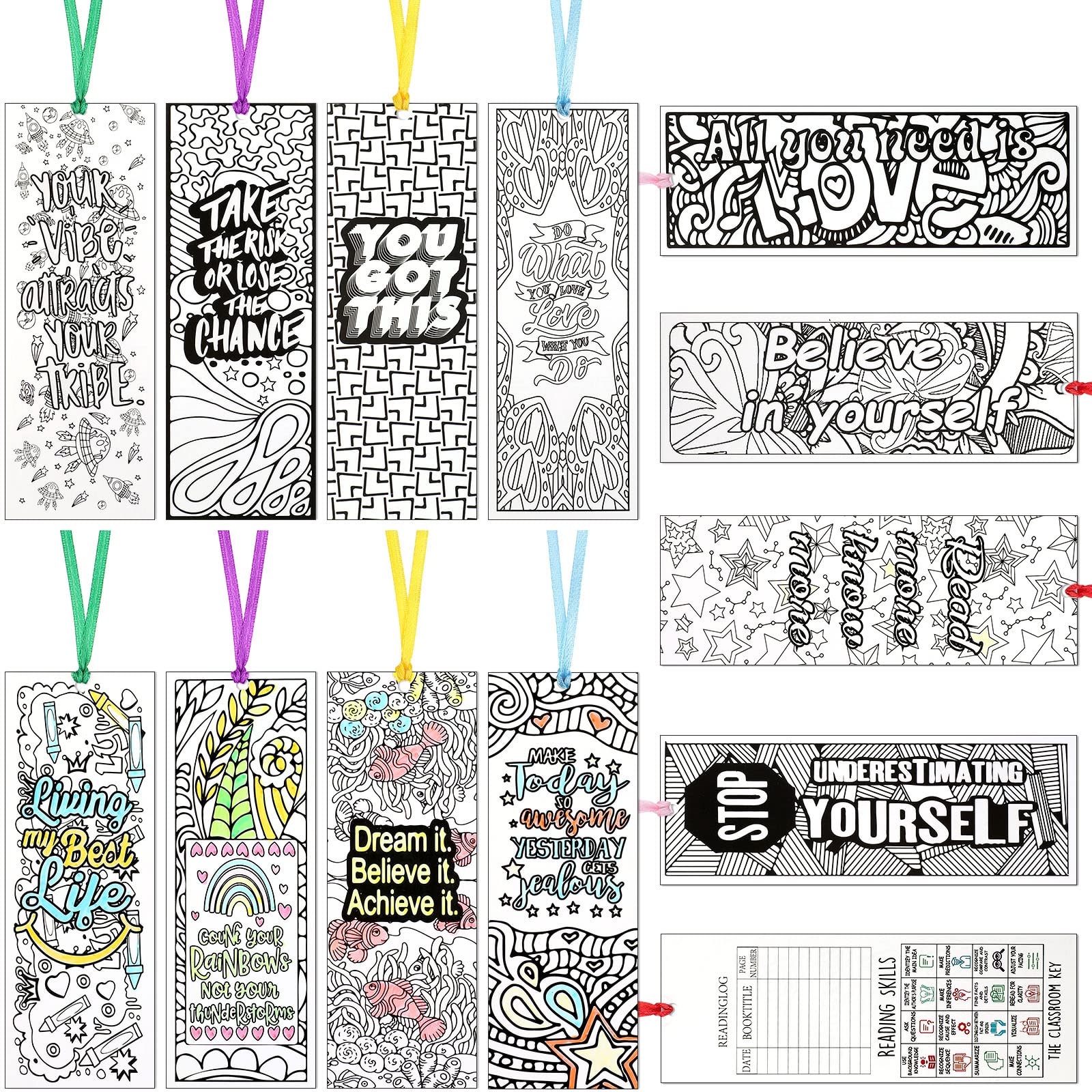 Photo 1 of 120 Pieces Inspirational Bookmarks for Students, DIY Coloring Bookmarks Double-Sided Motivational Page Clip Personalized Inspirational Book Marker for Kids Adults, School Stationary Party Gift