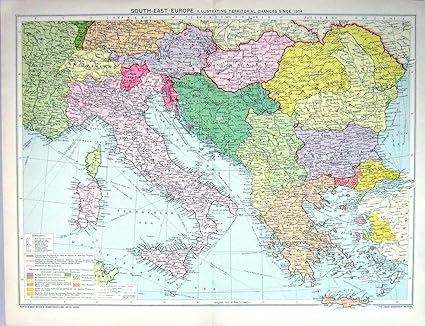 Old Original Antique Victorian Print Map Europe Italy Greece