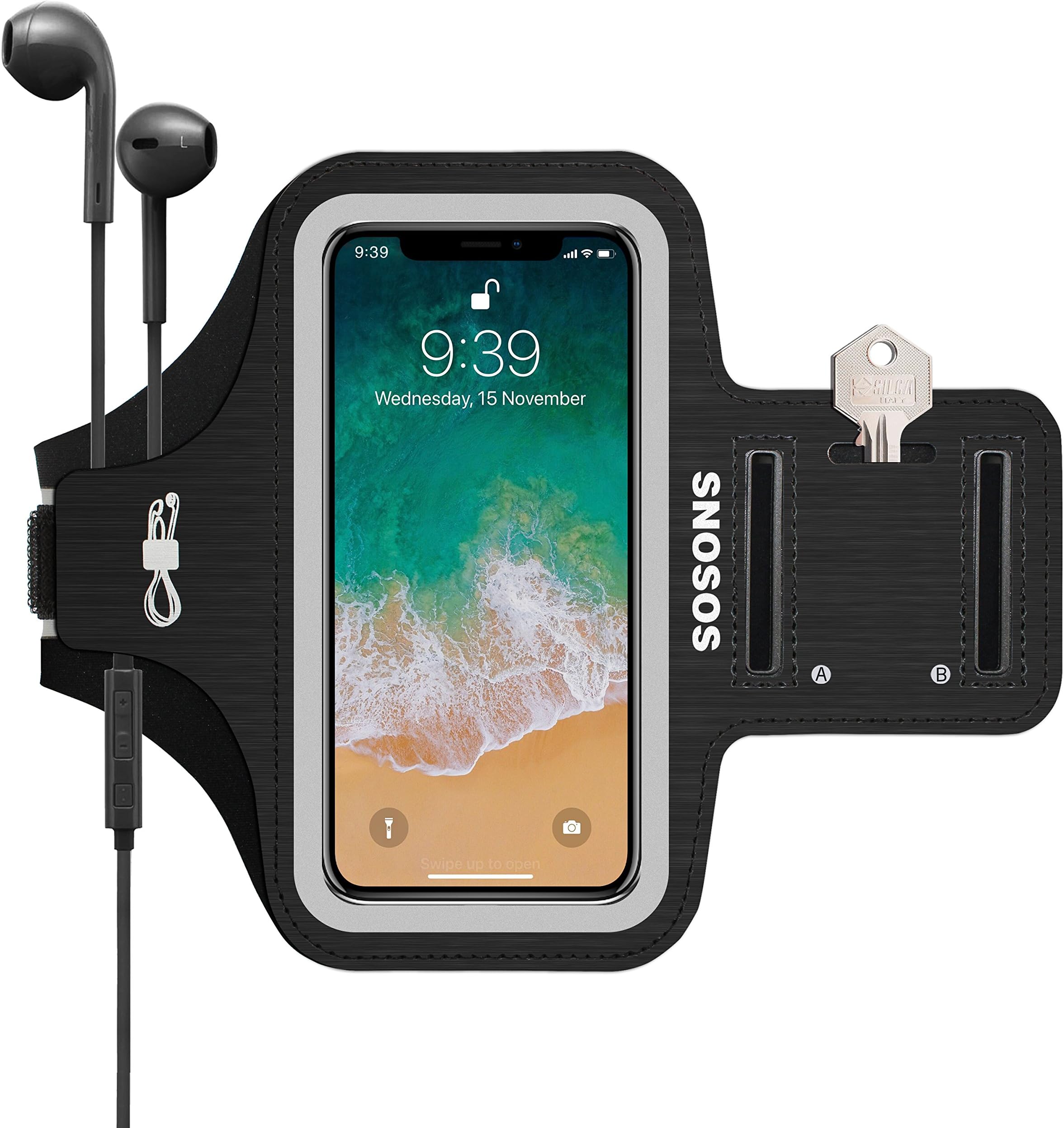 SOSONS iPhone X Armband, Water Resistant Sports Gym Armband Case for iPhone X.Fingerprint Touch Supported and Fits Smartphones with Slim Case,Armband with Card Pockets,Key Slot