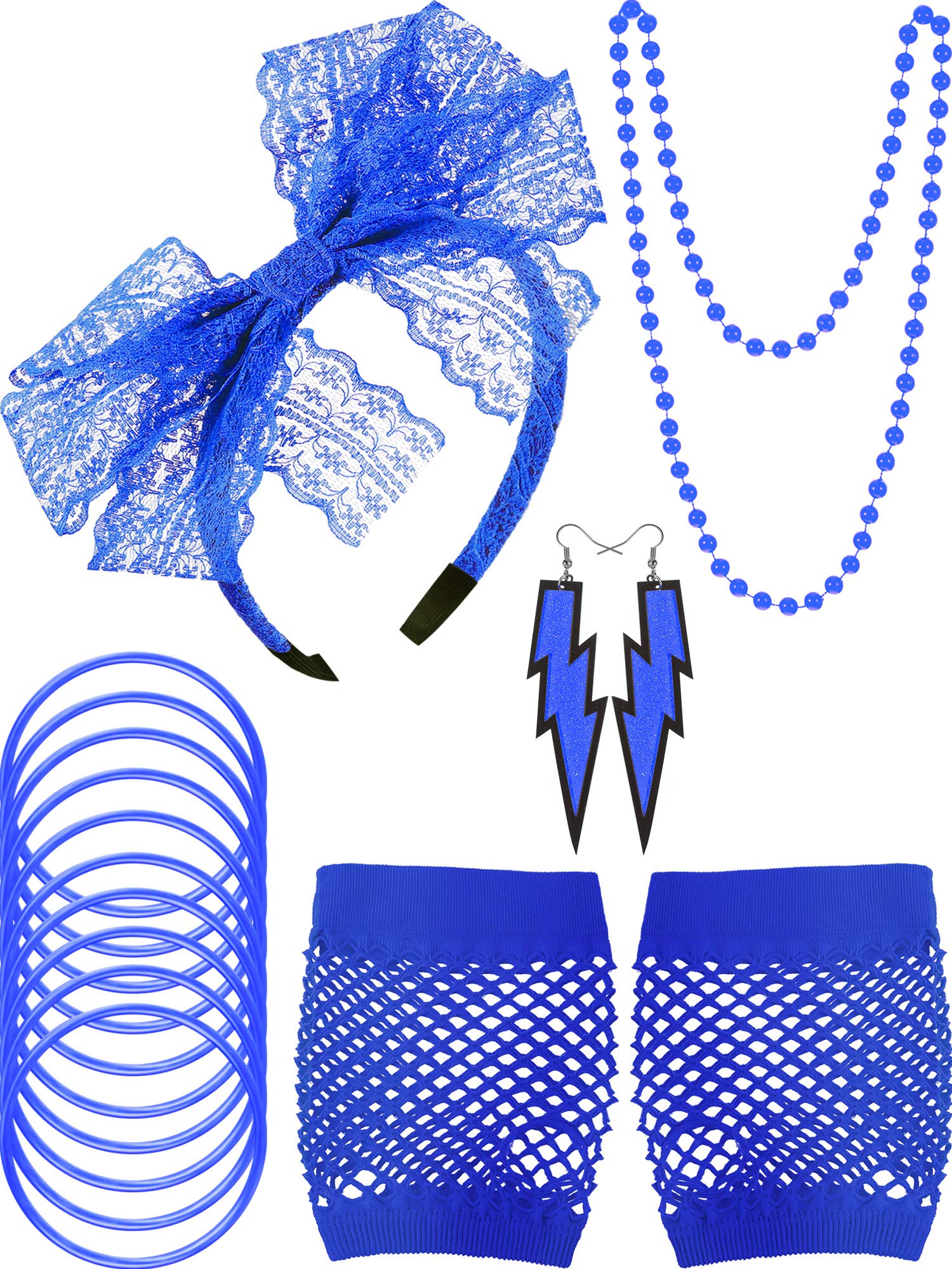 80s Lace Headband Earrings Fishnet Gloves Necklace Bracelet for 80s Party (Royal Blue)