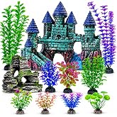 Mechpia 13 Pieces Aquarium Decorations Kit, Fish Tank Decorations Set Small Resin Castle and Rockery Betta Fish Cave Hideout Coral Artificial Plastic Plants Ornament Accessories