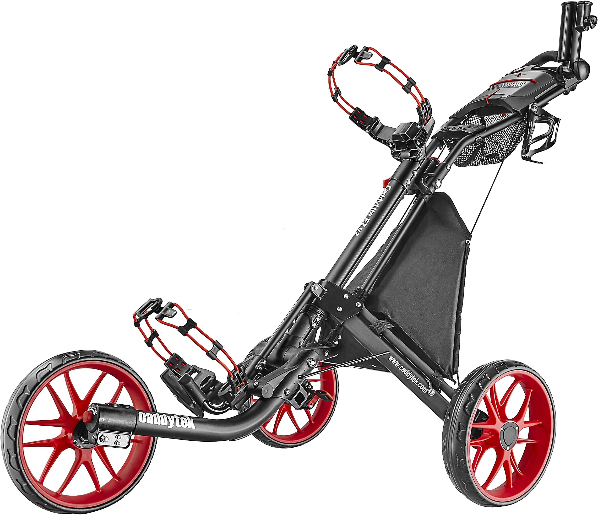 CaddyTek 3 Wheel Golf Push Cart - Foldable Collapsible Lightweight Pushcart with Foot Brake - Easy to Open & Close