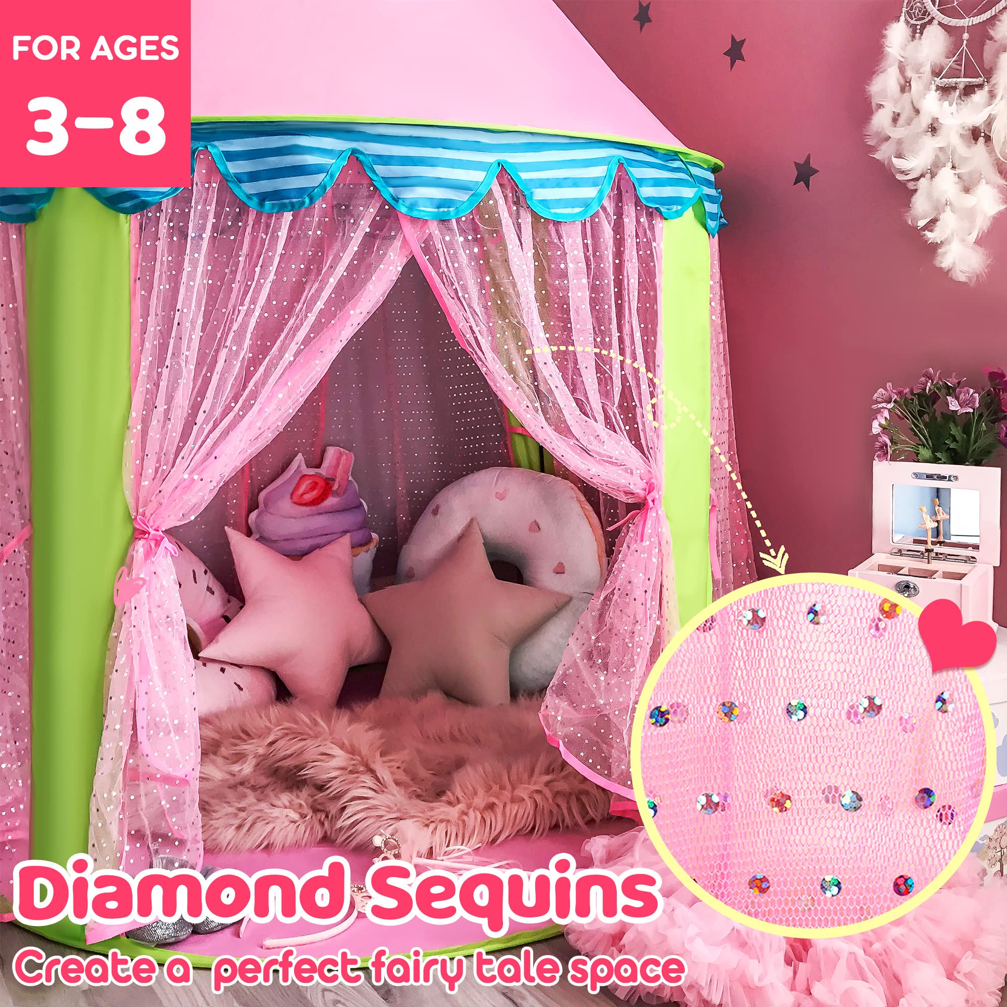 Tiny Land Princess-Tent with Star Lights & Carry Case, Pop Up Play-Tent, Princess Castle Indoor Playhouse, Foldable Kids Play Tent Outdoor, Toddler-Tent for Girls