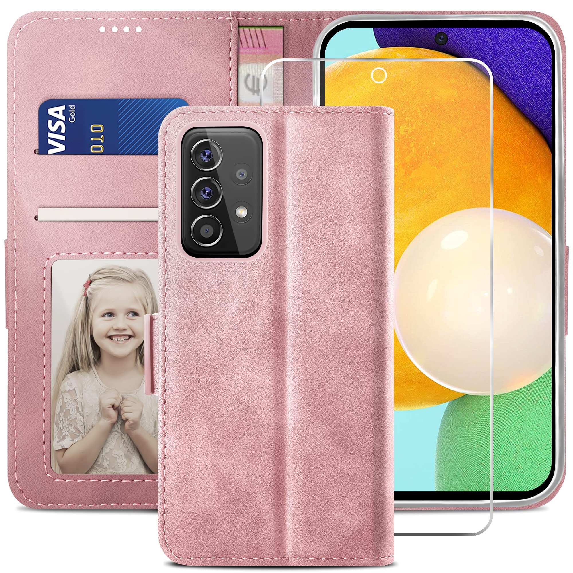 YATWIN Compatible with Samsung Galaxy A52s/A52 5G Case, Flip Wallet Leather Case with Tempered Glass Screen Protector and Card Slot Kickstand Phone Cases Cover for Samsung A52s/A52 5G - Pink