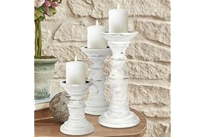 HOMEBIA DESIGNS Candle Holder Stand Wooden, Pillar Candle Holders, Unity Candle Holders, Rounded Turned Colums, Country Style Ideal for Gift, Wedding, Christmas, Party, Spa - 10,8,6 Inch- Set of 3 - Antique White
