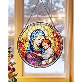 8” Round Stained Glass Suncatcher for Windows Hanging - Virgin Mary & Baby Jesus Design | Sun Catchers Indoor Window Decor & Religious Wall Art for Christian & Catholic Women